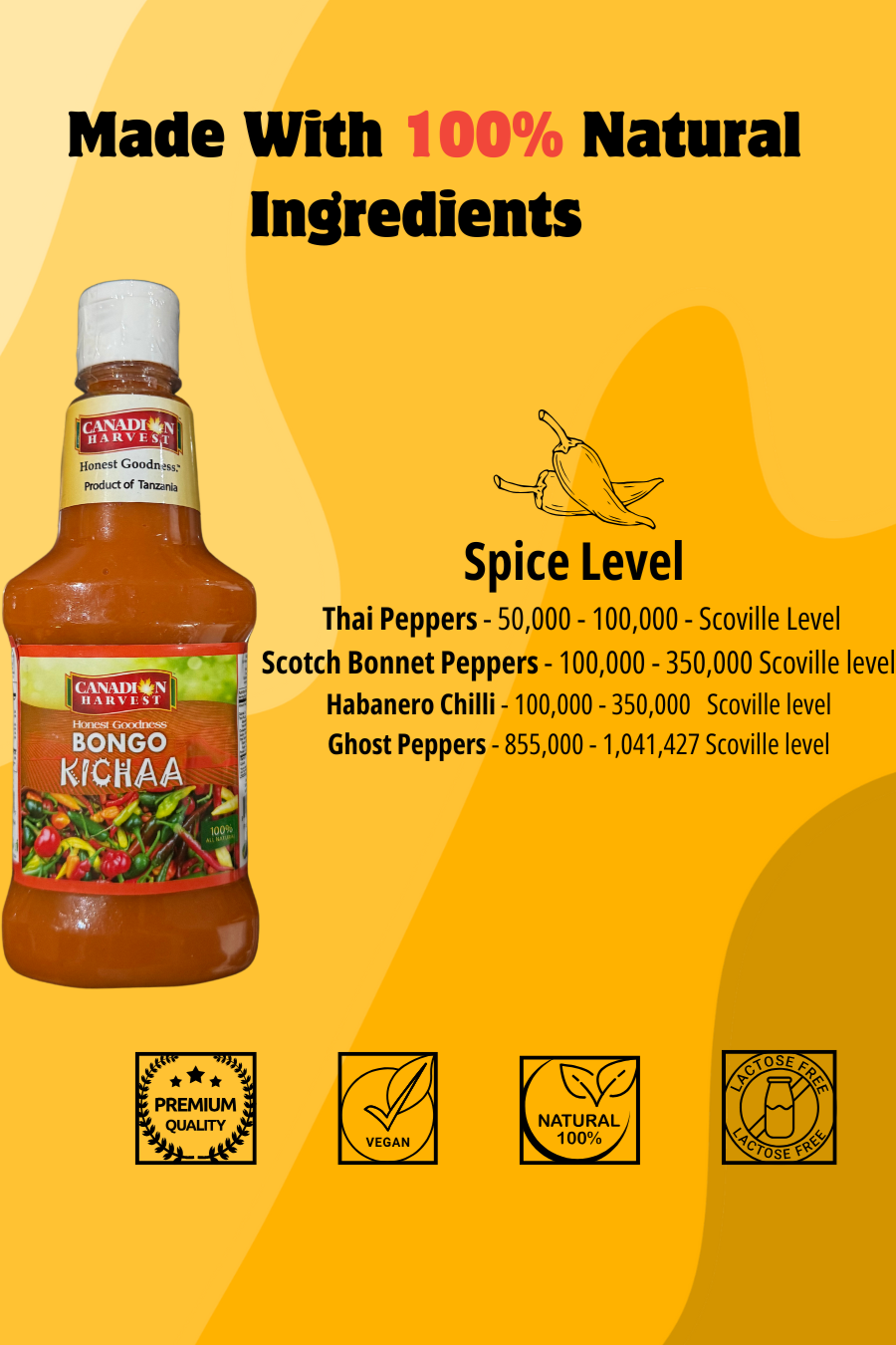 Bongo Kichaa Hot Sauce Made with Ghost Pepeprs by Canadian Harvest