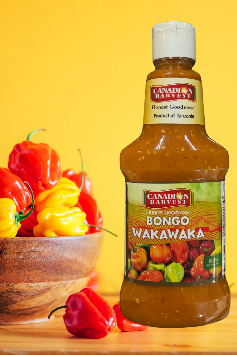 Bongo Wakawaka Hot Sauce Made with Scotch Bonnet Peppers by Canadian Harvest